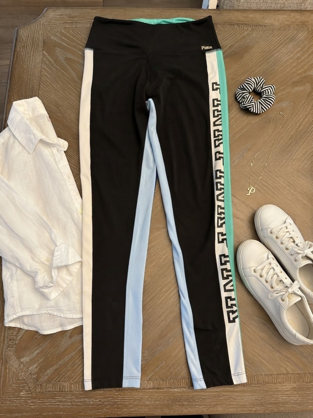 PINK Victoria's Secret Black Leggings with Light Blue & Teal Panels